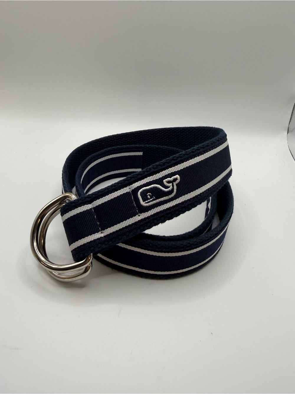Vineyard Vines Navy and White Striped Canvas D-Ring Belt with Whale Emblem